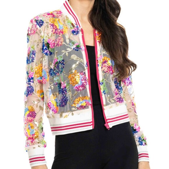 Adore NWT Embroidered Sequin Mesh Bomber Jacket - Size XL - Picture 1 of 4